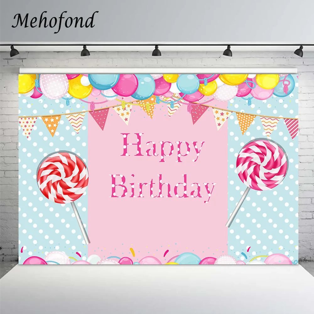 

Mehofond Sweet Pink Lollipop Backdrop Balloons Bunting White Polka Dots Baby Birthday Party Photography Background Photo Studio