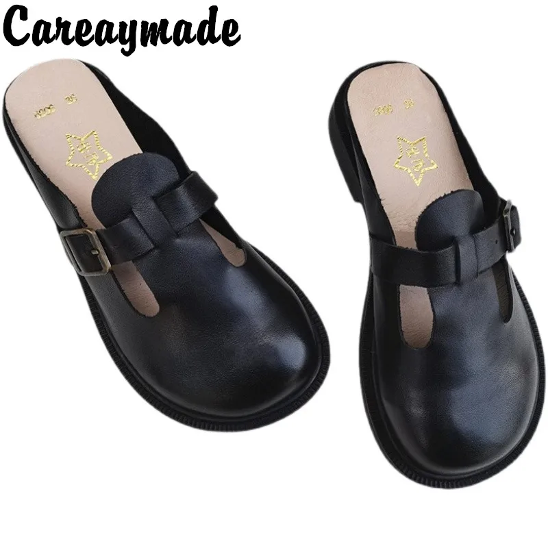 Careaymade-Genuine leather shoes versatile casual half slippers women's original leather big head round slipper single shoes