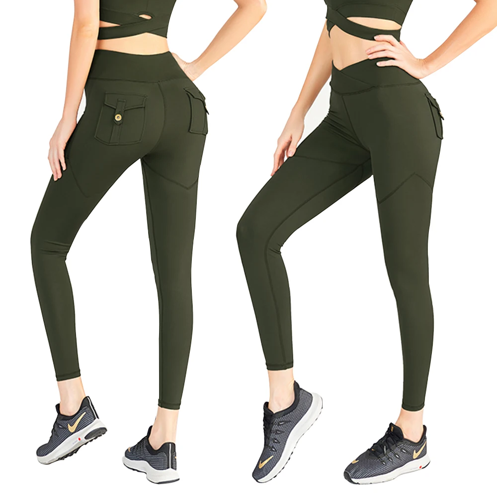 Women Leggings with Pockets Cross High Waist Black Army Green Train Yoga GYM Altheletics Pants