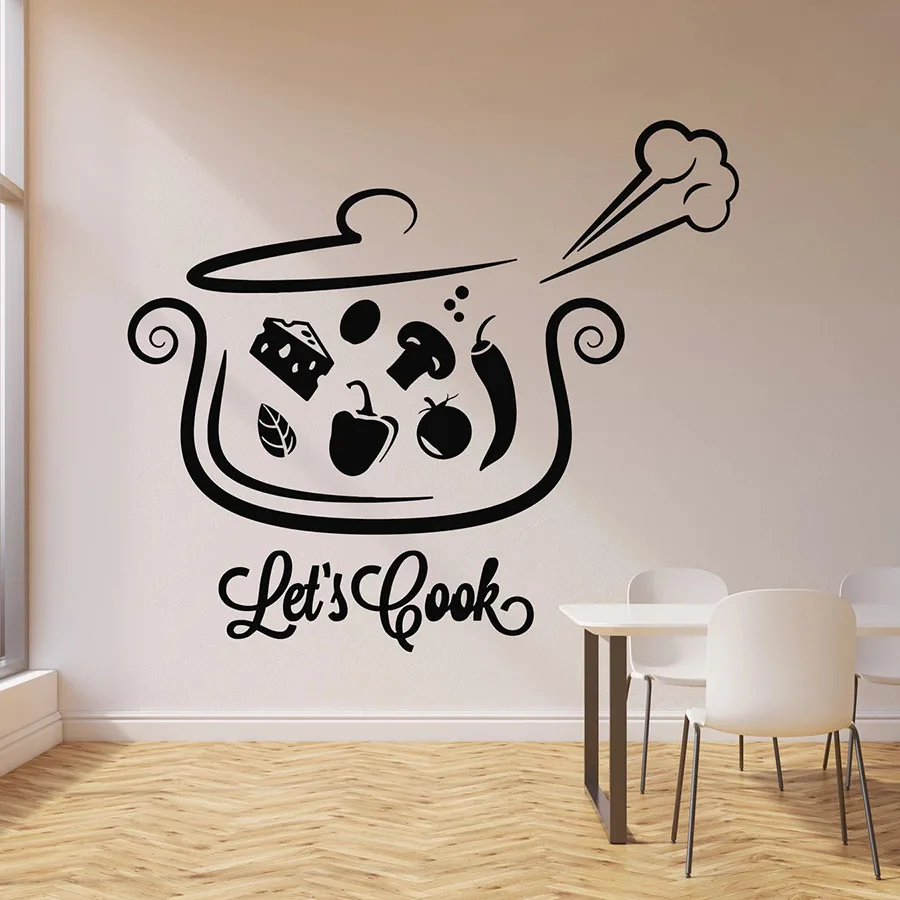 Let's Cook Wall Decal Phrase Pan Soup Food Cooking Kitchen Restaurant Interior Decor Vinyl Window Stickers Creative Mural M651