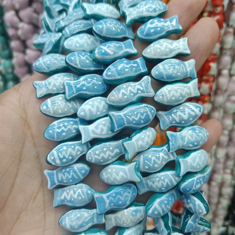 5pcs Hand Painted Pattern Fish Shape Ceramic Beads 21x10mm Loose Spacer Blue White Long Fish Bead For Jewelry Making DIY