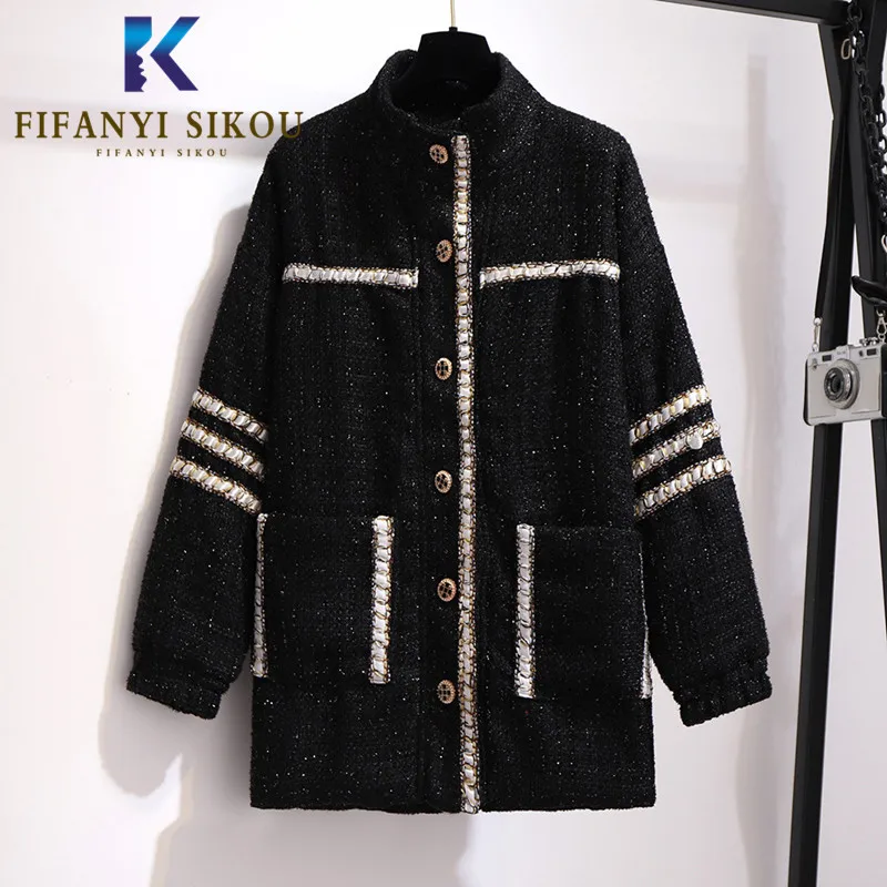 

Black Wool Blend Women Winter Coat Single Breasted Fashion Warm Overcoat Oversized Loose Stand Collar Thick Woolen Coat Female