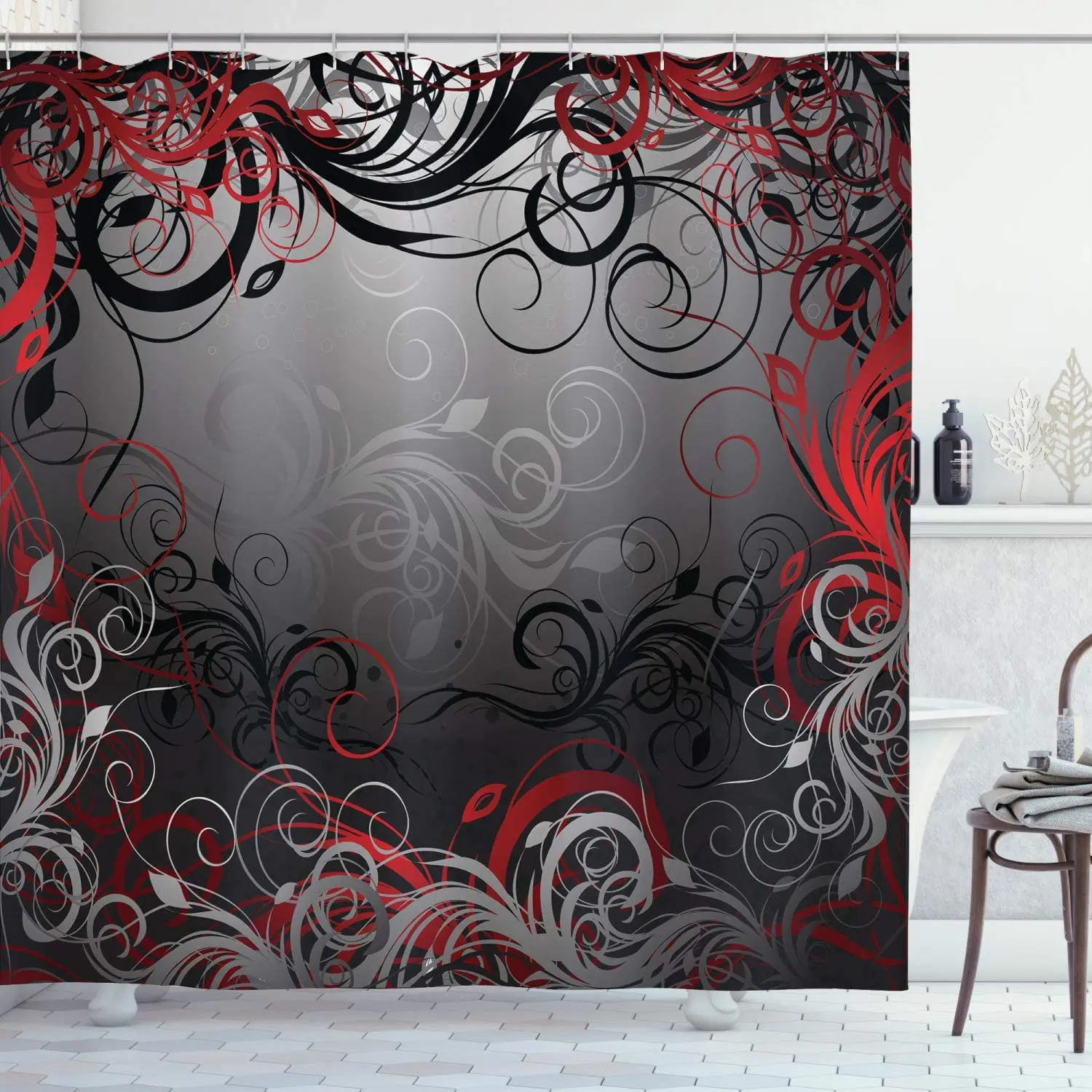 Abstract Shower Curtain Black Mystic Forest Floral Leaves Nature Ombre Effect Fabric Bathroom Decor Set with Hooks Charcoal Ruby