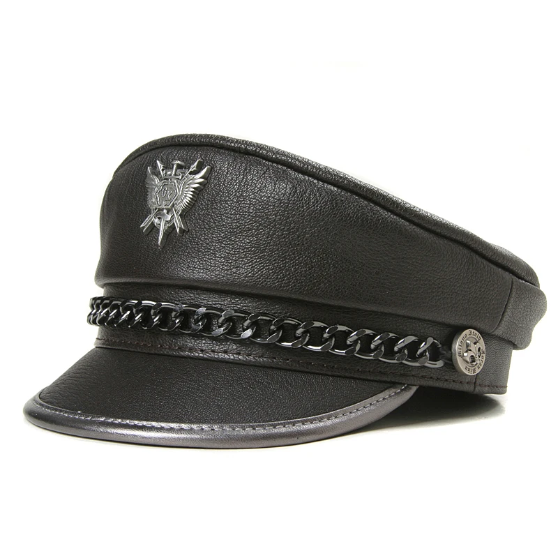 Novelty Winter Men‘s Genuine Leather Hat Male Flat Top Badge Locomotive Retro Military Caps Students Punk Cortical Chain Gorra