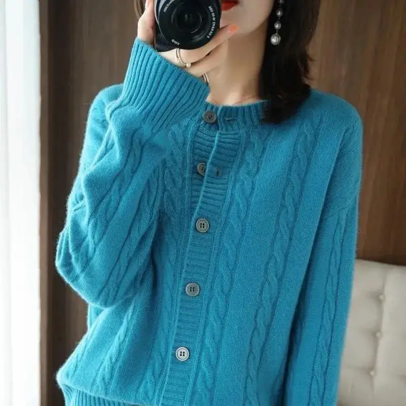 Autumn Winter New Imitation Wool Cardigan Tops Women Diamond Single-Breasted Hoodie Outwear Loose Knit Sweater Coat Retro Jacket