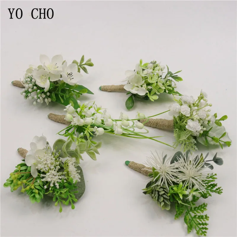 YO CHO Artificial Lily Of The Valley Flower Corsage Groom Boutonniere Men Brooch Orchid White Green Convallaria Wedding Supplies