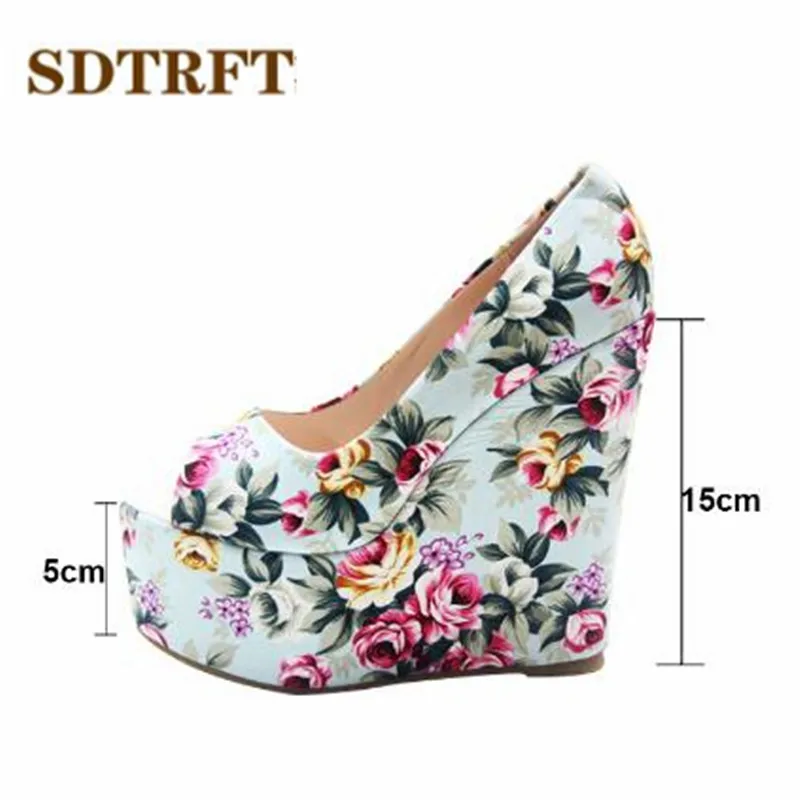 SDTRFT New Peep Toe Pumps Platform Party Flowers shoes woman 15cm High Heeled zapatos mujer Sweet wedges Stiletto Plus:34-42 43