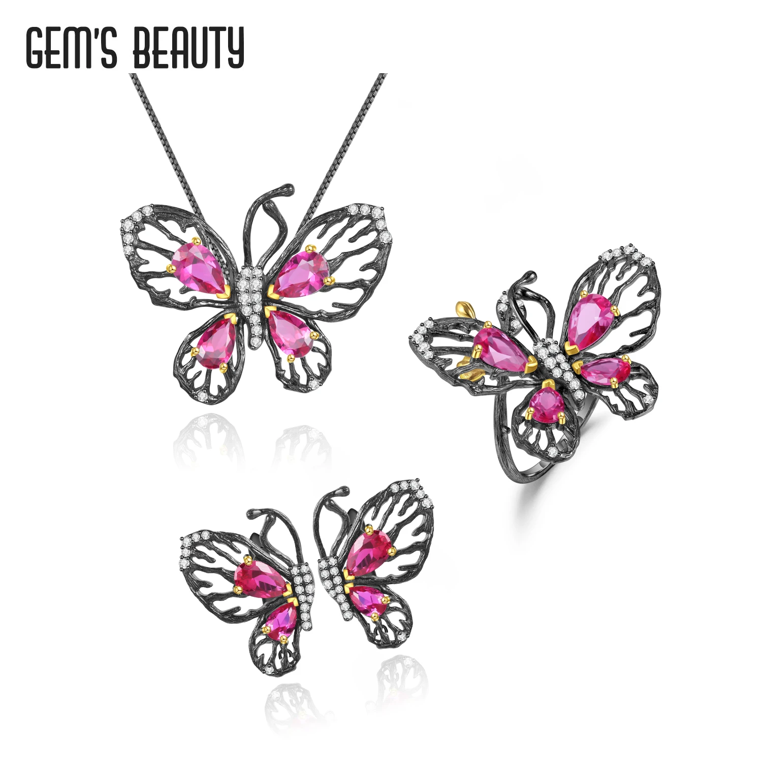 

Gem's Beauty 925 Sterling Silver Fine Butterfly Jewelry Set With Garnet Ruby Amethyst Rings Stud Earrings Pendant Necklaces