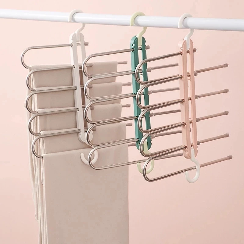 

5 in 1 Pant rack Trousers shelves Stainless Steel Clothes Hangers Multi-functional Telescopic Folding Wardrobe Towel Storage