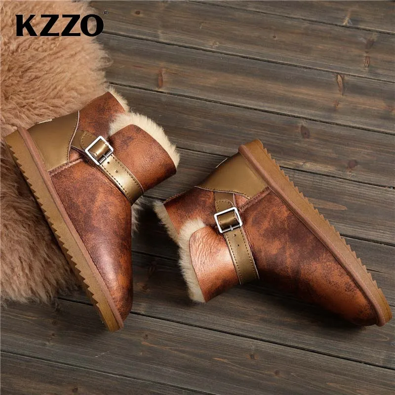 KZZO 2023 New Men Casual Real Sheepskin Leather Winter Snow Boots Natural Wool Fur Lined Keep Warm Shoes Waterproof Slip on