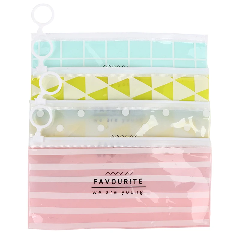 Kawaii Grid Stripe PVC Waterproof Pencil Bag Cute Colored Clear Pen Cases Transparent School Pencil Case For Girls Stationery