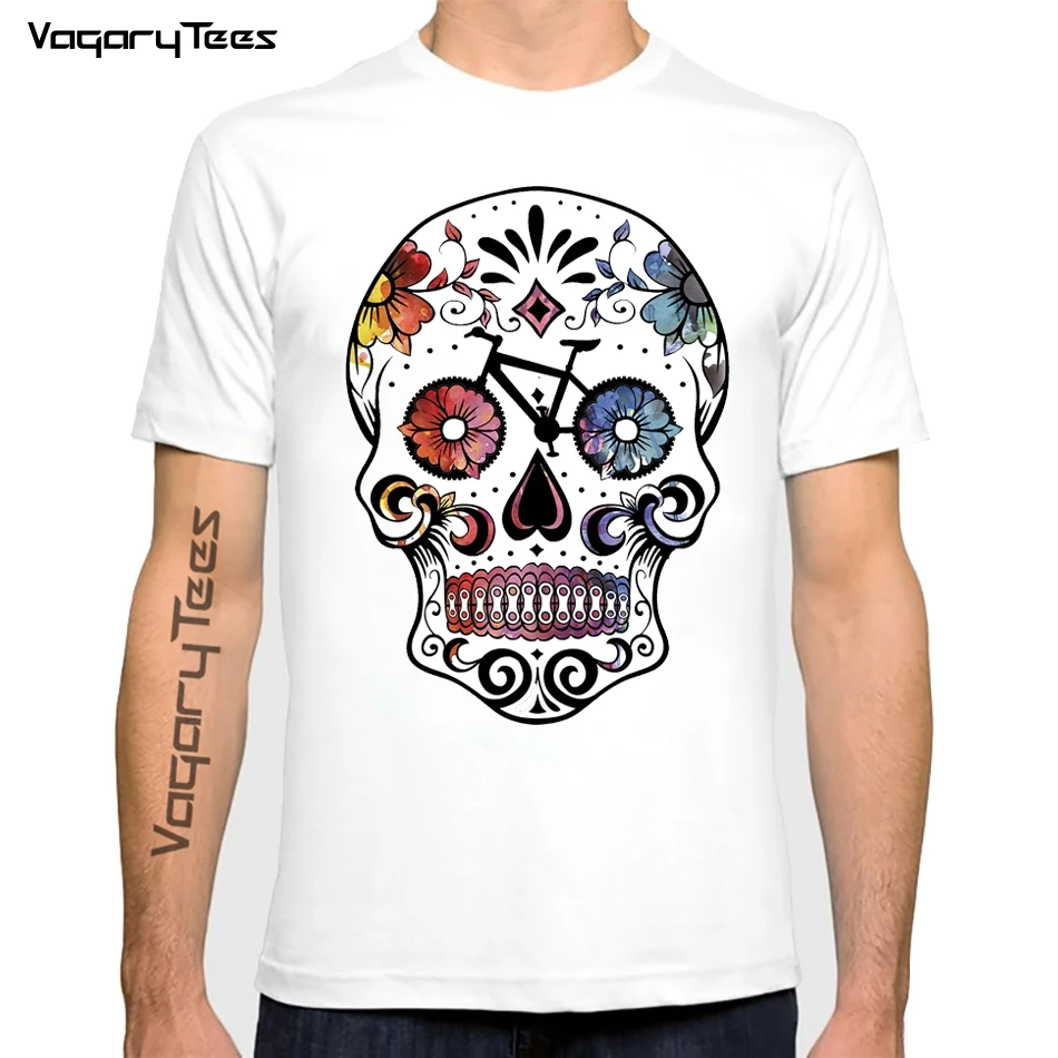 Vagarytees Fashion Vintage Sugar skull bikes watercolor Print Tshirt Creative Symmetry skull White Print Tops Hipster Man tshirt