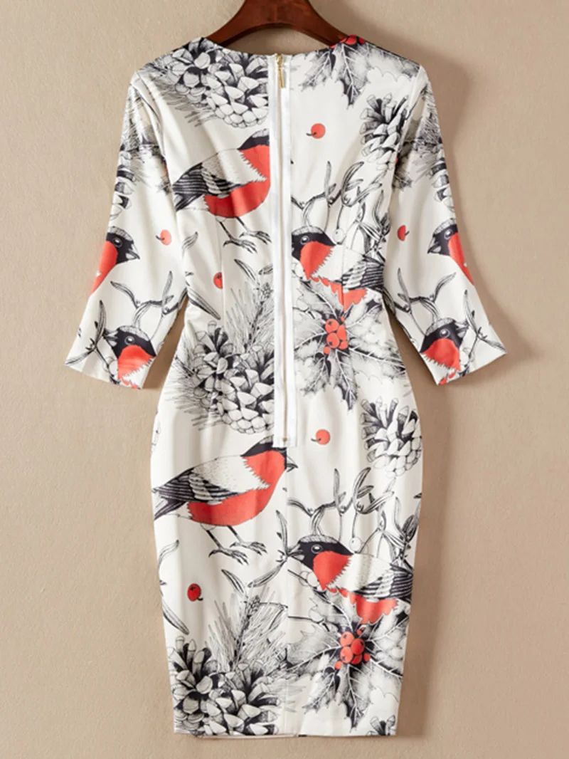 Birds Print Women Sheath Dress O-Neck 3/4 Sleeve Dresses