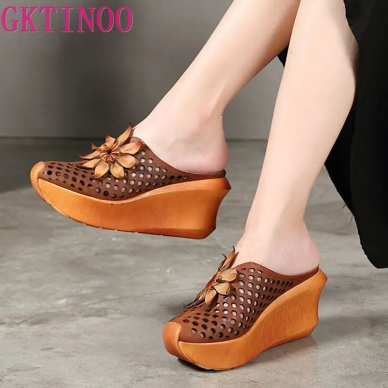 GKTINOO Genuine Leather Floral High Heels Summer Outside Platform Slippers Wedges National Style Slides Women Shoes Sandals