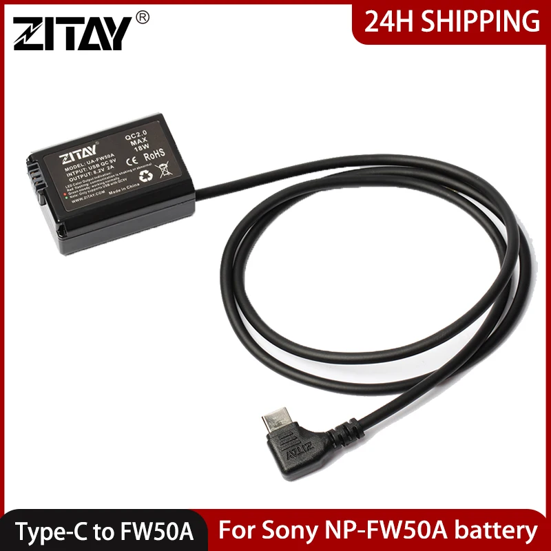 ZITAY Type C to NP-FW50 Dummy battery for Sony A7II A7SII A7S A7S2 A7R A7R2 A7RII A55 A5100 USB C Camera battery power adapter