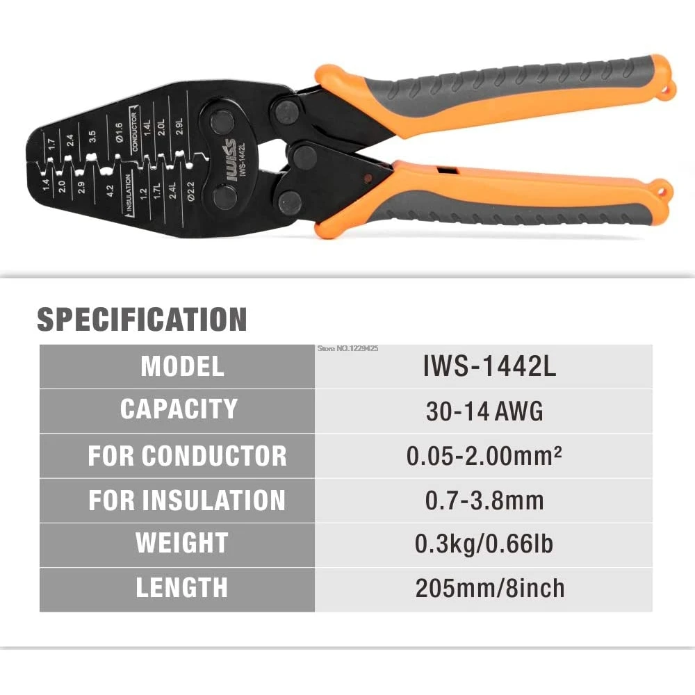 IWISS IWS-1442L Micro Connector Crimper Plier for Crimping AWG30-14 Open-barrel and Connectors from Molex,TE AMP,JST,JAE,HRS