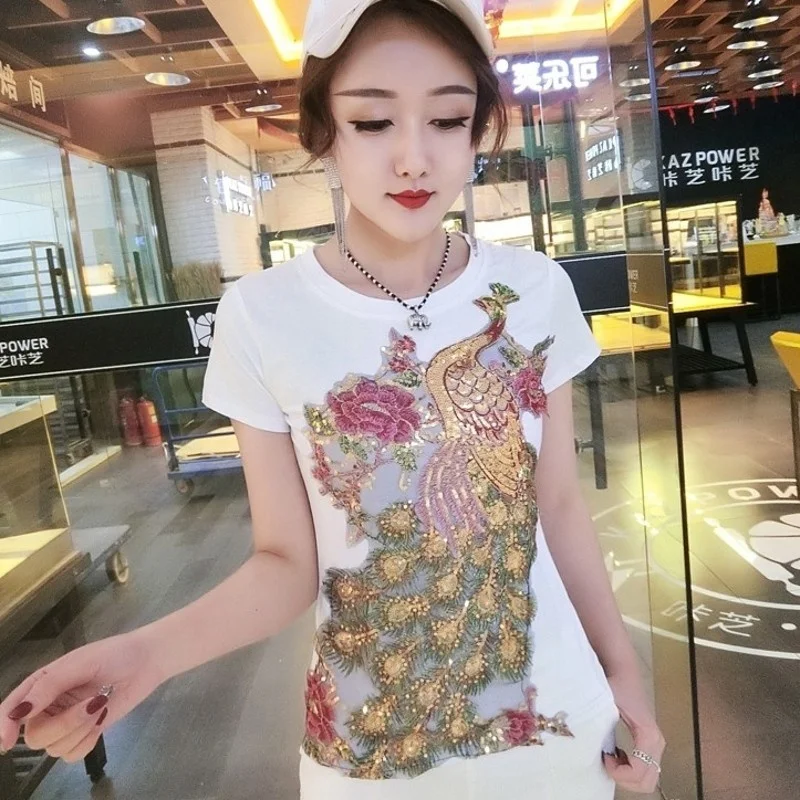 Street High Ladies Summer New Brand Short Sleeve O-Neck Pullover T-Shirts Slim Fit Embroidery Sequins Big Size Womens Tees Top