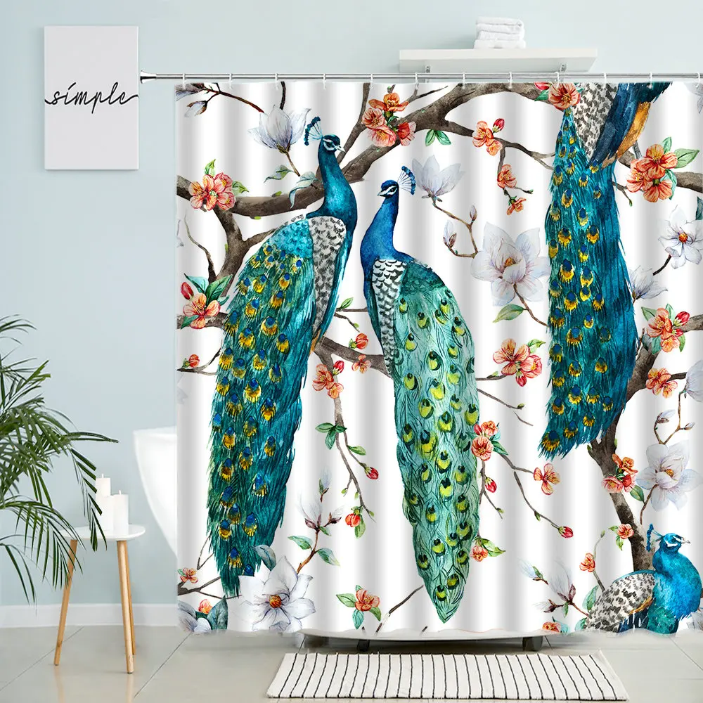 Blue Green Peacocks Shower Curtain Chinese Bathroom Decora Flowers Birds Animal Branches With Hook Waterproof Polyester Screen