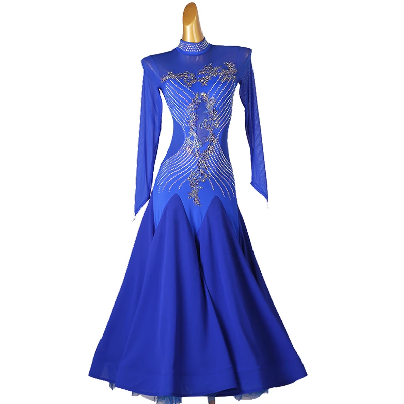 High Grade Custom-made Fashionable Women Modern Ballroom Dance Clothing Long Sleeve Huge Hemline Tunic Crystal Dress