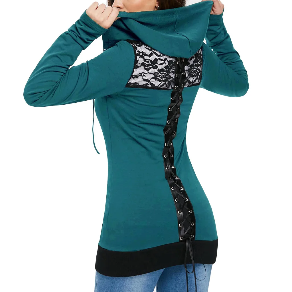 New Women's Sweater Women's Lace Stitching Hooded Tied Long Sleeves