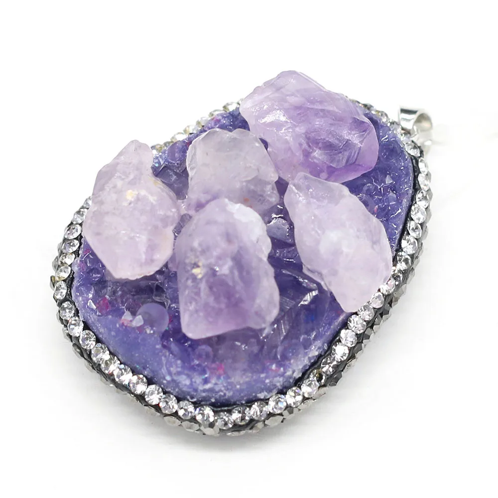 New Natural Stone Pendants Water Drop Druzy Amethysts Pendants Purple Crystal Charms for DIY Necklace Pendants Jewelry Making