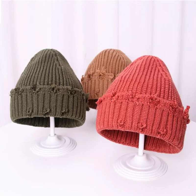 Winter Hat Women Harajuku Knitted Beanies Fashion Warm Hat Autumn Hip hop Bonnet Hole Skullies Unisex Basic Cap PJ109