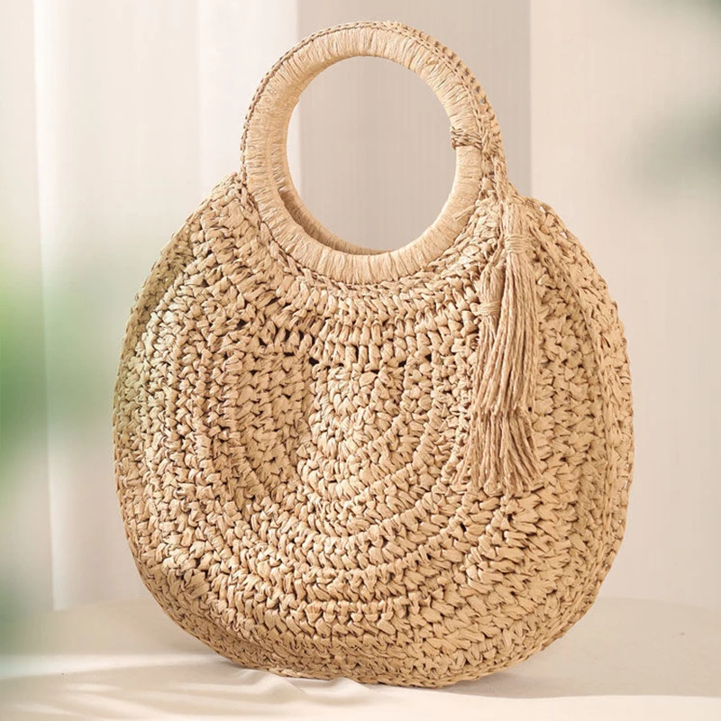 Straw Bag Rattan Woven Round Tassel Handbag For Women Large Capacity Shoulder Tote Purse Ladies Holiday Wood Handle Shopping Bag