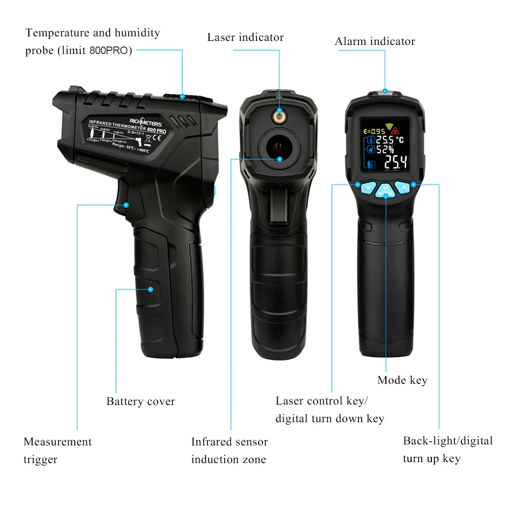 Infrared Thermometer No Contact Digital Industry Pyrometer -50~800C Aquarium Laser IR Temperature Gun