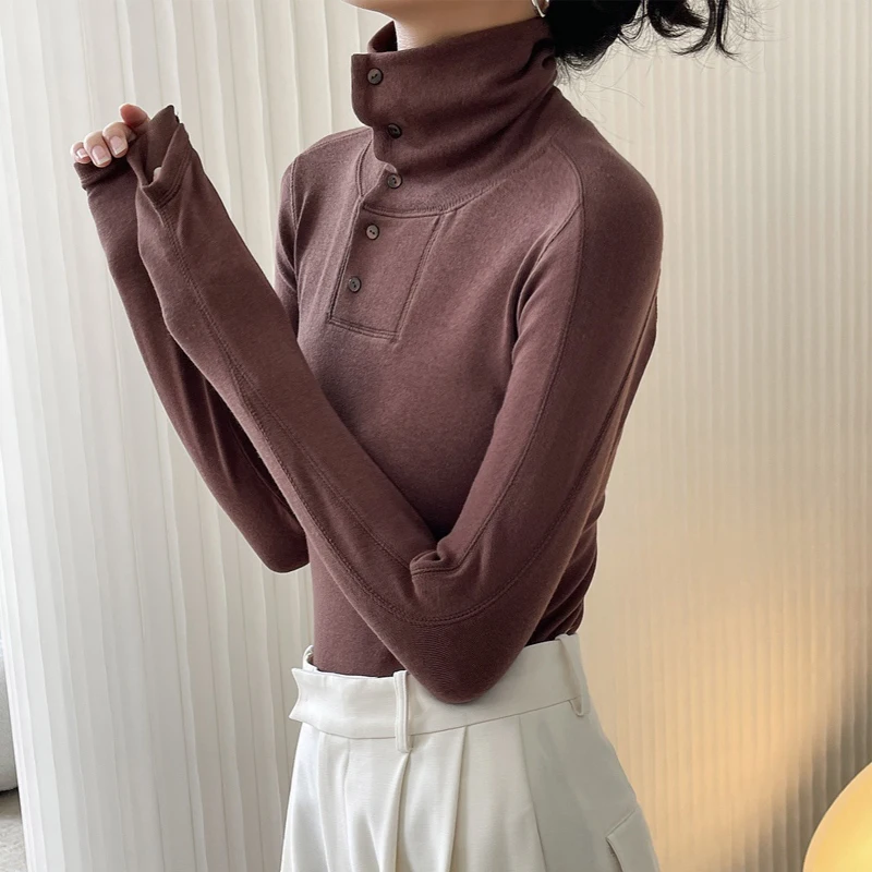 Autumn and winter women\'s casual solid color high-neck long-sleeved slim T-shirt