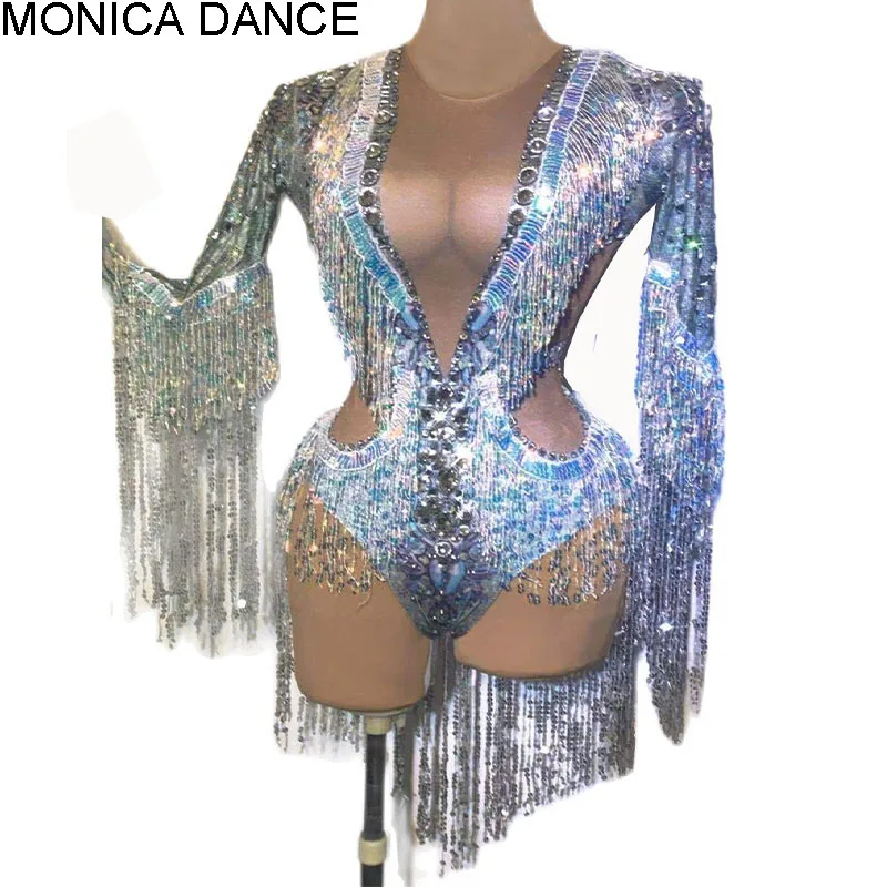 Vrouwen Sparkling Silver Rhinestone Sequin Tassel Party Bodysuit Stretch Dance Franjes Jumpsuit Club Dj Zanger Turnpakje Stadium Slijtage