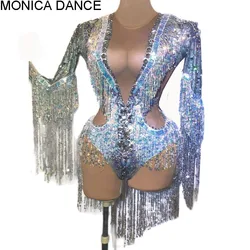 Women Sparkling Silver Rhinestone Sequin Tassel Party Bodysuit Stretch Dance Fringes Jumpsuit Club Dj Singer Leotard Stage Wear