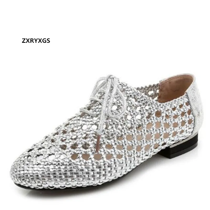 2024 Summer Woven Mesh Shape Breathable Shoes Women Sandals Big Size Pointed Lace Tide Shoes Summer Sandals Flat Casual Sandals