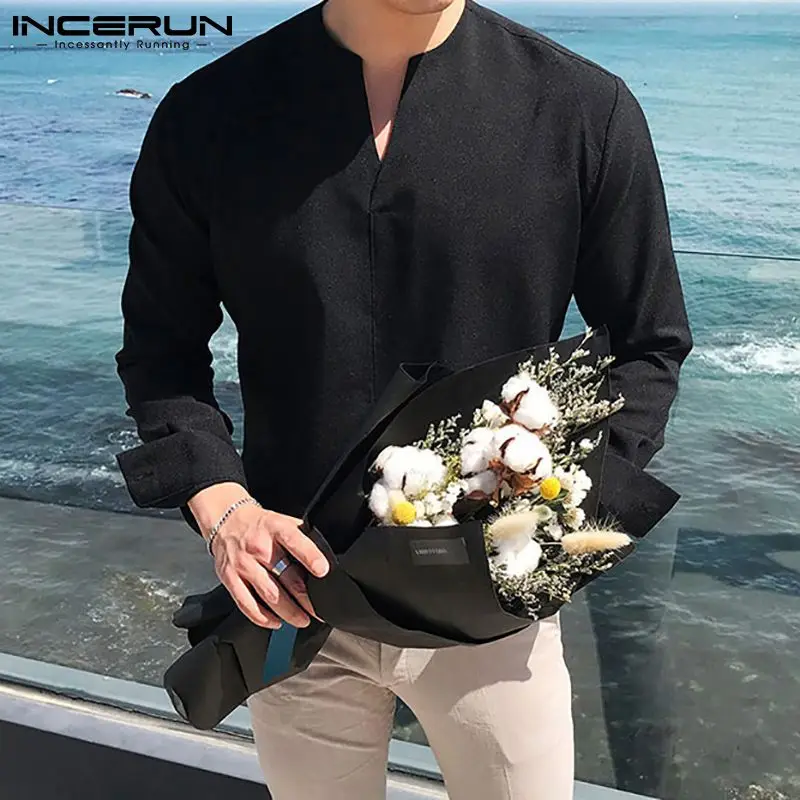 INCERUN 2024 Men Shirt V Neck Long Sleeve Brand Casual Men Clothing Streetwear Solid Color Fashion Leisure Camisa Masculina 3XL