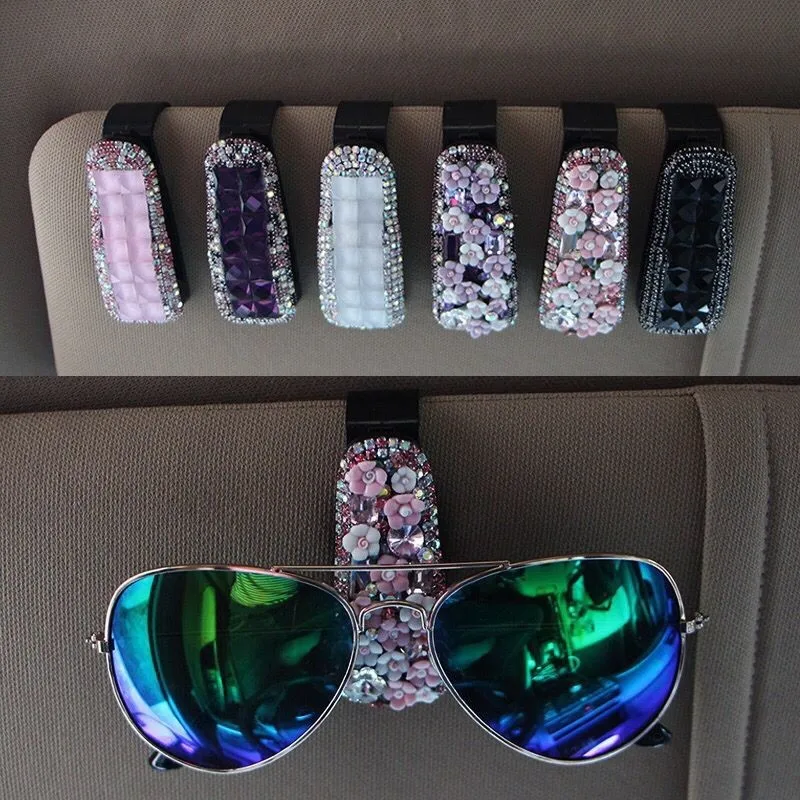 Auto Fastener Clip Crystal Rhinestone Flower Car Sun Visor Glasses Sunglasses Folder Ticket Receipt Card Clip Storage Holder