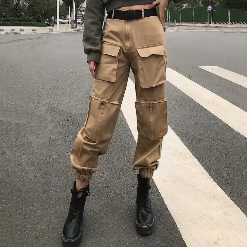 

Streetwear Belted Cargo Pants Women Casual Orange Khaki Joggers Pocket Black High Waist Loose Female Baggy Trousers Ladies Capri