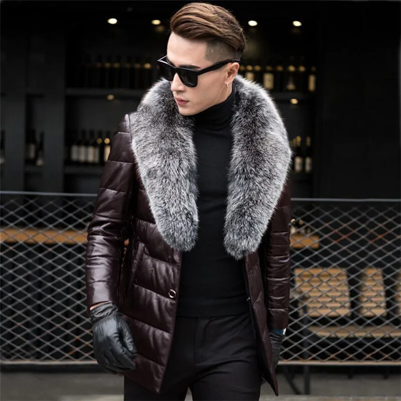 Men\'s Genuine Leather Down Jacket Male Winter Coat Men Fox Fur Collar Sheepskin Leather Jackets Jaqueta De Couro KJ651