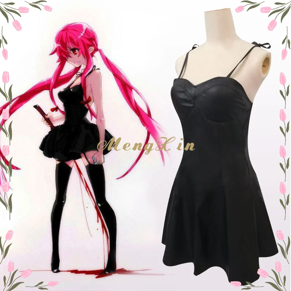 

Anime The Future Diary Gasai Yuno Black PU Leather Fancy Dress Cosplay Costume Mirai Nikki Braces Skirt Performance Clothes