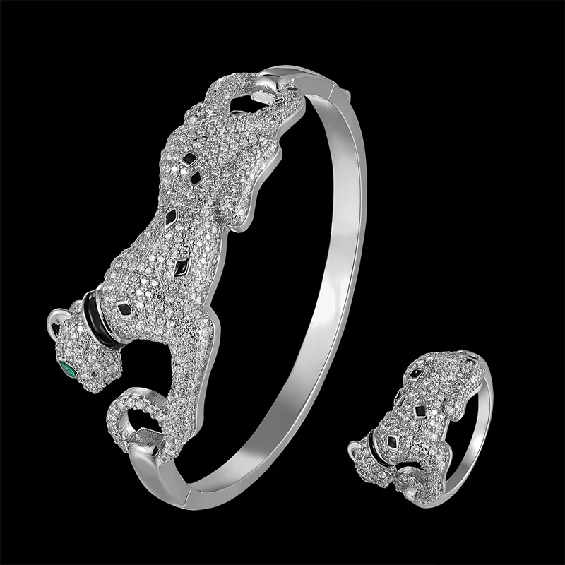 Lanruisha Luxury leopard bangle and ring jewelry set zircon micro inlay baked black paint classic Bracelet Fashion Accessories