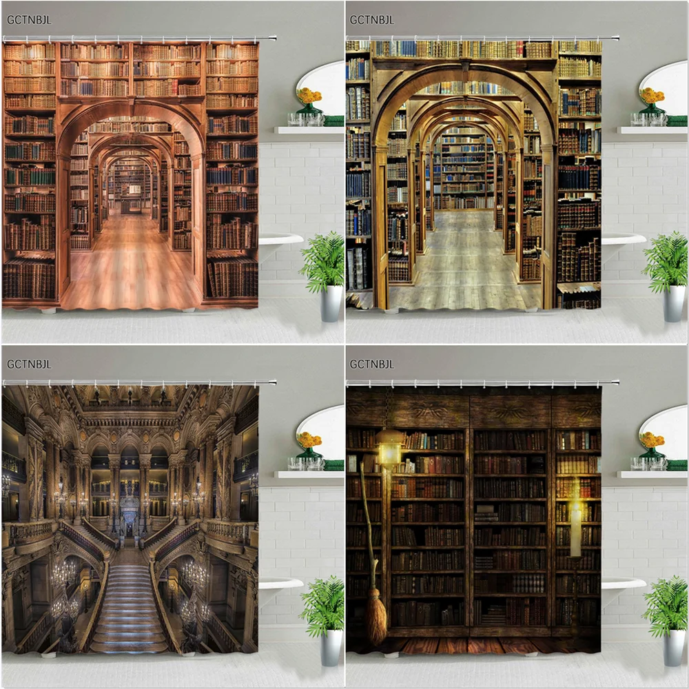 Library Bookshelf Bookstore Print Shower Curtains Set Wall Hanging Background Tapestry Bathroom Decor Retro Style Bathtub Screen