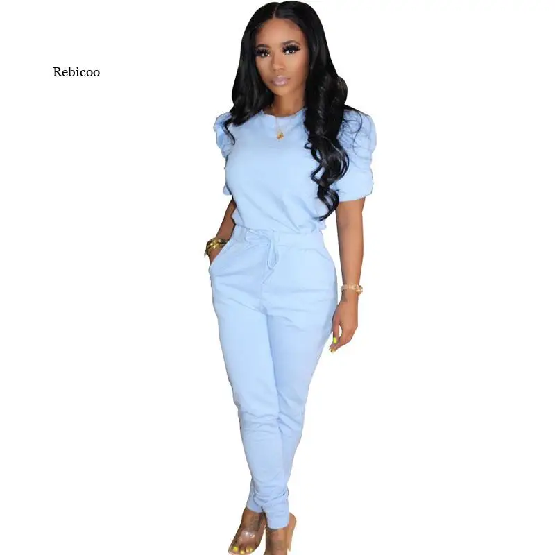 

Casual Candy Color Leisure Wear Fashion Puff Sleeve O-neck T-shirts Drawstring Long Pants Women Soft Outfits Lounge Set