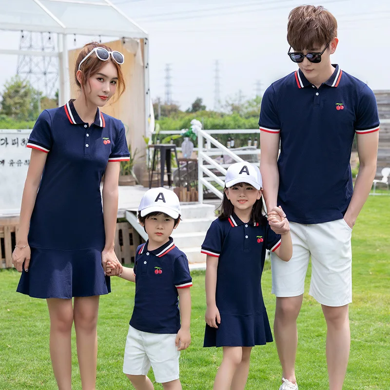 Family clothes polo t shirt matching clothes mother daughter dresses dad son family look cherry dark blue girls dress women