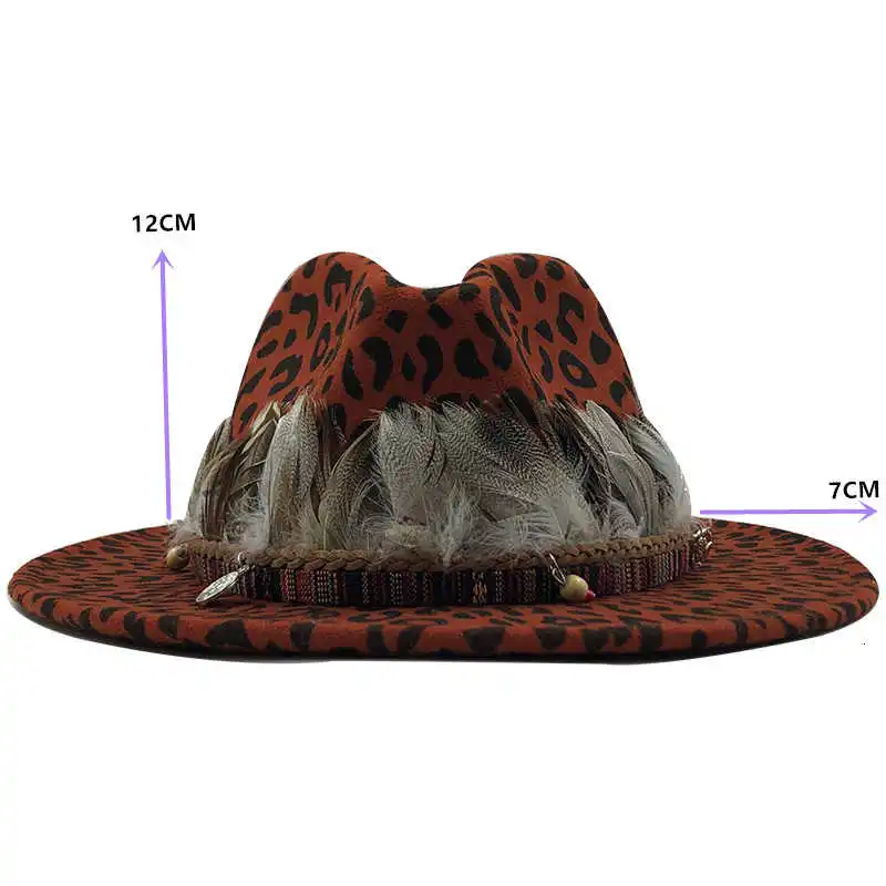 2021 Unisex Flat Brim Wool Felt Jazz Fedora Hats Men Women Leopard Grain feather Band Decor Trilby Panama Formal Hats