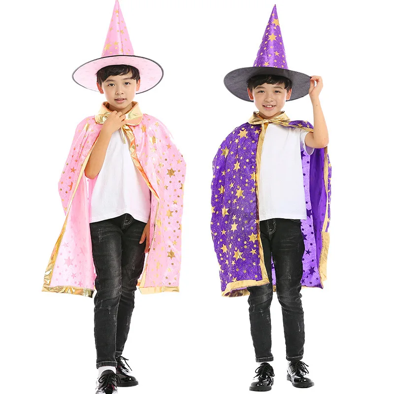 Halloween Costume Satin Bronzing Cape with Hat for Kids Boys Wizard and Girls Witch Cosplay Halloween Party