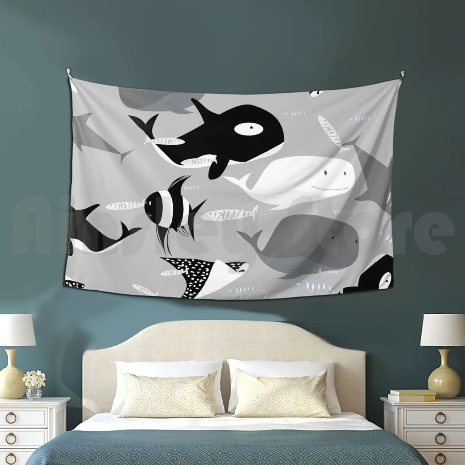 

Ocean Creatures Customized Tapestry Ocean Sea Whale Killer Whale Stingray Shark Fish Blue Grey Animals