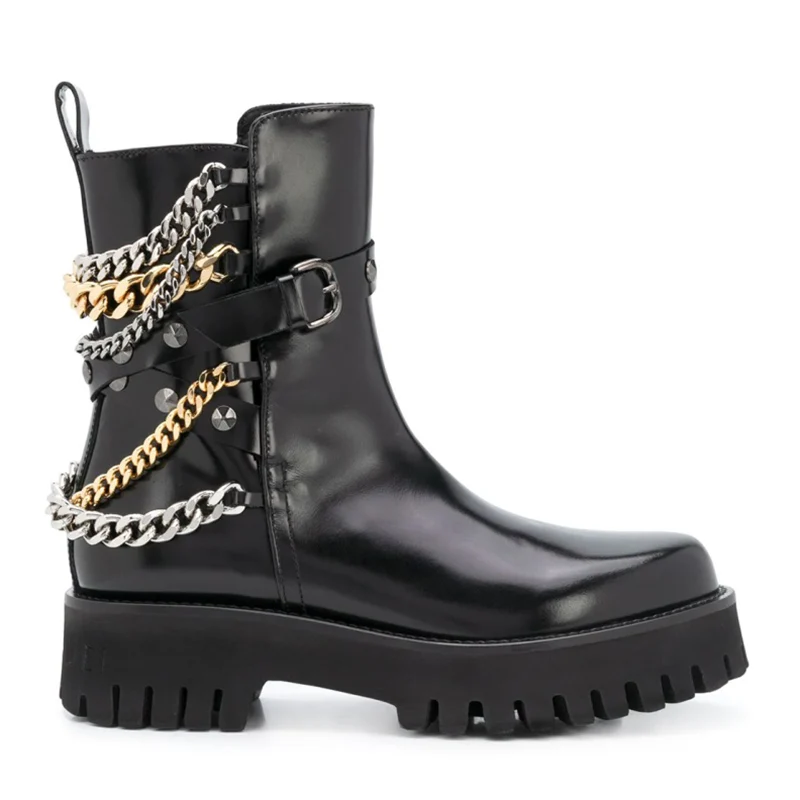 Gold Silver Chains Woman Motorcycle Boots Thick Chunky Heel Black Cow Leather Ankle Boots Gladiator Rivets Studs Short Bottines