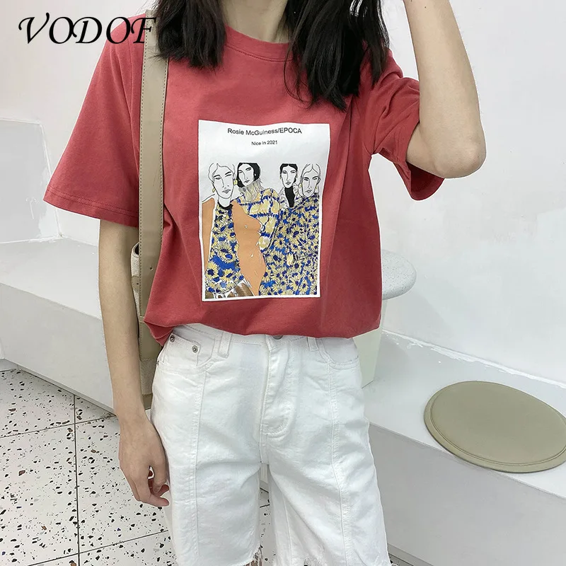 VODOF Pure Cotton T-shirt Women's Summer Ins Short-sleeved 2021 New Sanding Bottoming Shirt  Loose Printed T-shirt Top