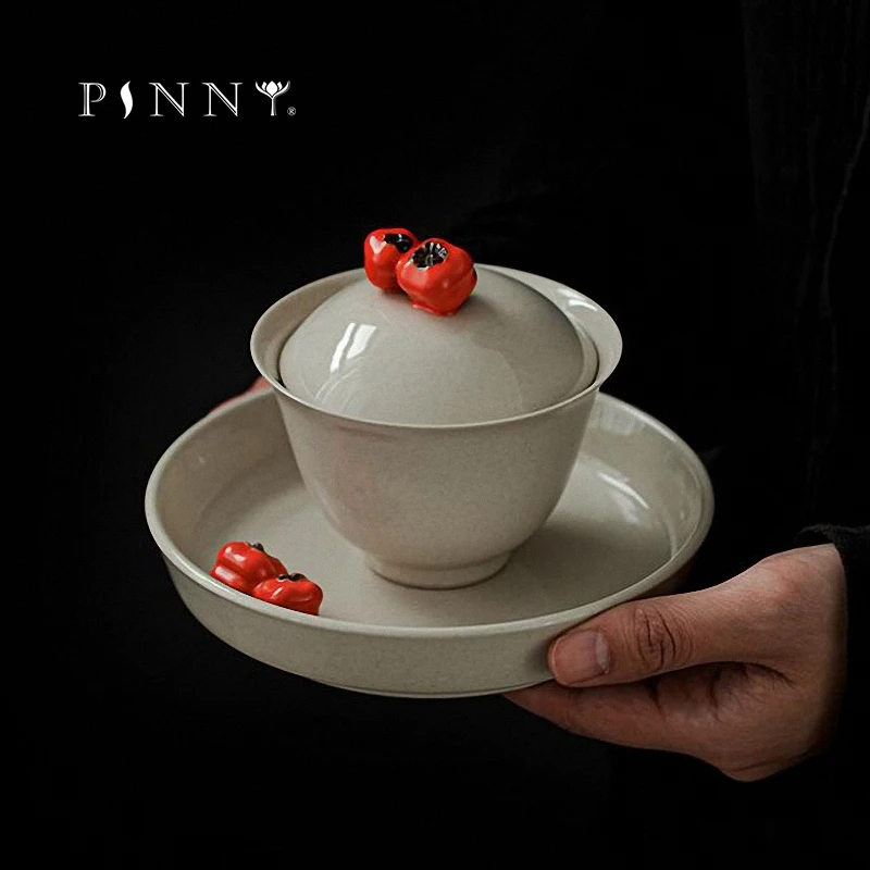 

PINNY 130ML Retro Plant Ash Glaze Ceramic Gaiwan Pigmented Hand Made Persimmon Tea Tureen Chinese Kung Fu Tea Service