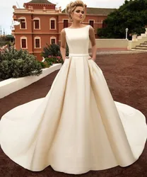 A-linie Kathedrale Zug mit bogen hochzeit kleid Champagner weiß elfenbein Sleeveless backless mit taste tasche schärpen braut hochzeit