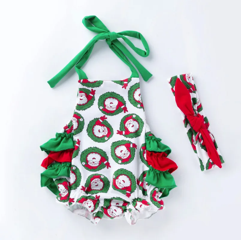 

New Christmas Baby Infant Jumpsuit Sets Santa Claus Girls Kids Rompers and Bow Headband Cute Ruffle Pants Halloween Clothing