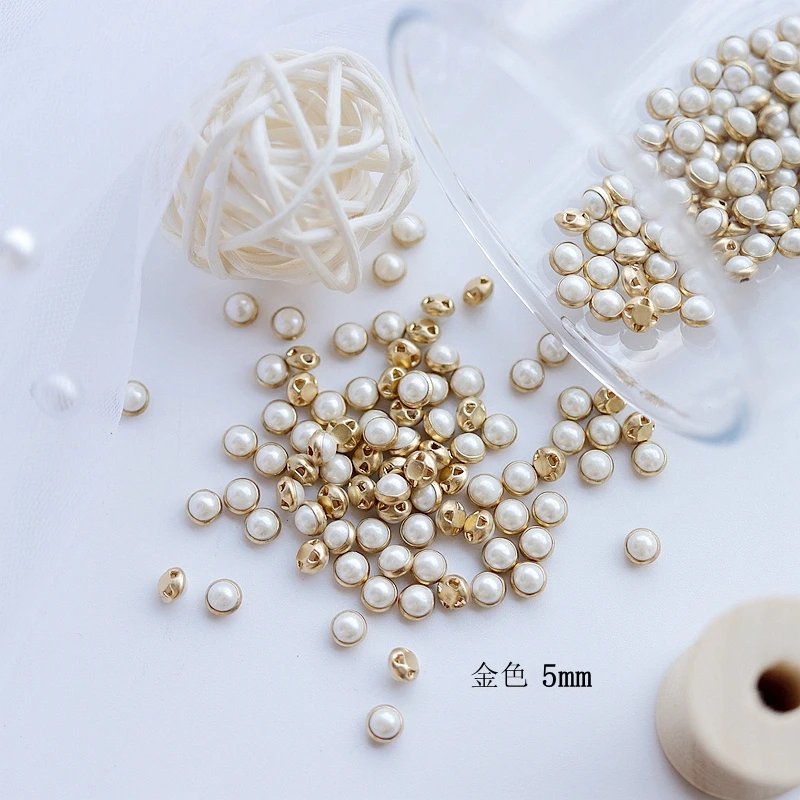 50pcs 5mm Silver/Gold Back White Pearl Round Mini Buttons Tiny For Dolls Crafts Scrapbooking DIY